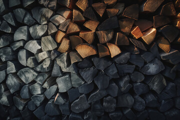 Stacked firewood in a dark gradient pattern, showcasing a rustic texture and natural wood. Ideal for backgrounds, emphasizing the abstract design and close-up details of cut logs.