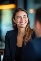 Sticker - A woman in a black suit is smiling and looking at the camera. She is happy and confident