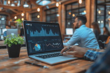 Wall Mural - Businessmen sit in a meeting and analyze profits with graphs displayed on a screen in the office.