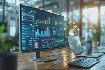 Businessmen sit in a meeting and analyze profits with graphs displayed on a screen in the office.