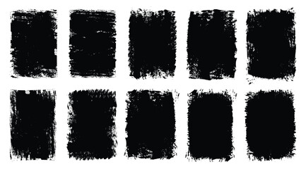 Rectangle brush stroke, ink paint brush, grunge lines. Black rectangular shapes with ripped jagged borders on white background. Vintage grunge boxes for collage, text, banner, sticker design.