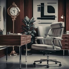 Visualize a chic Mid-Century Modern office with clean lines, retro furniture, and a minimalist design. Feature a stylish desk, a sleek ergonomic chair, and decorative items like a vintage clock 