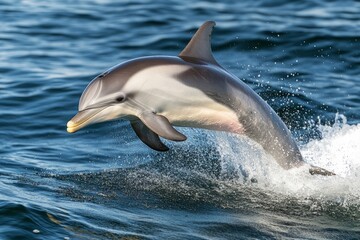 Wall Mural - A grey and white dolphin leaps from the water, splashing water, with blue ocean background.