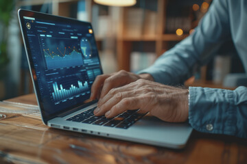 business man hand working on laptop computer financial with graphic graph chart diagram