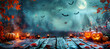 © dang - Rustic Wooden Table Set for Halloween Feast with Pumpkin Centerpieces, Autumn Leaves, and Spooky Candles. Dark Foggy Evening with Bats and Full Moon Creates Perfect  for Halloween-Themed Product