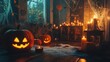 © Pricha.RT - A dark and spooky Halloween room interior with pumpkins, cobwebs, and flickering candles.