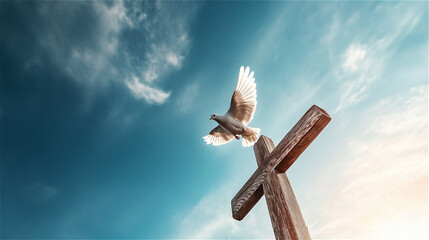 Wall Mural - The blue sky, the cross, the pigeon, the pigeon of the Holy Spirit, the grace of the Holy Spirit