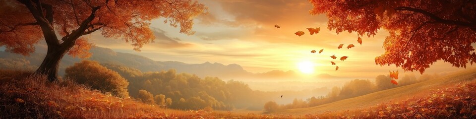 Wall Mural - A beautiful autumn landscape with a tree in the foreground and a sunset in the background. The sky is filled with orange and pink hues, and the leaves on the ground are scattered throughout the field