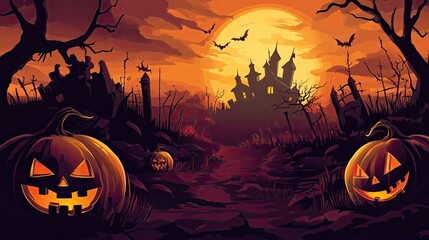 Wall Mural - A dramatic Halloween landscape with a creepy pumpkin design, ideal for a spooky atmosphere.