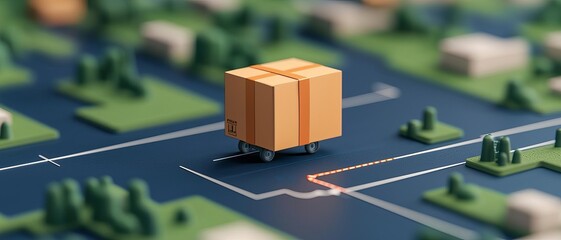 Wall Mural - A stylized delivery box navigating a miniature landscape, symbolizing logistics and transportation innovation in a digital age.