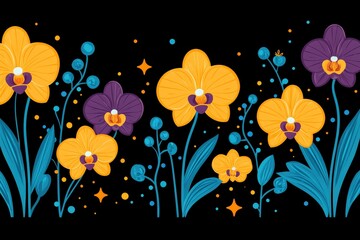 Poster - Yellow and Purple Orchids on a Black Background