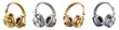 © Mustafa - Collection of luxurious gold and silver headphones with modern design on transparent background, showcasing elegant technology and premium audio equipment for music lovers and audio enthusiasts.