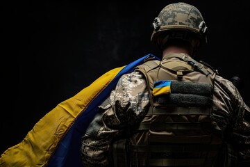 Poster - A soldier in a helmet and full gear, with a Ukrainian flag