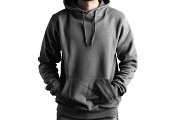 Blank gray mens hoodie sweatshirt long sleeve, mens hoody with hood for your design mockup for print, isolated on white background