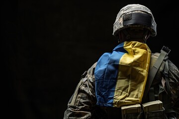 Poster - A soldier in a helmet and full gear, with a Ukrainian flag