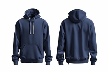 Wall Mural - Blank navy blue hoodie sweatshirt long sleeve front and back view mockup with clipping path, hoody for design mockup for print, isolated on white background