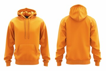 Blank orange hoodie sweatshirt long sleeve front and back view mockup with clipping path, hoody for design mockup for print, isolated on white background