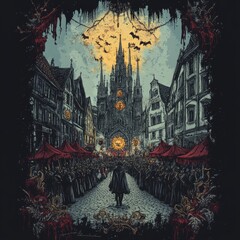 Wall Mural - A lone figure walks towards the town square, surrounded by a crowd of people in front of a grand gothic cathedral with a full moon hanging in the sky above.