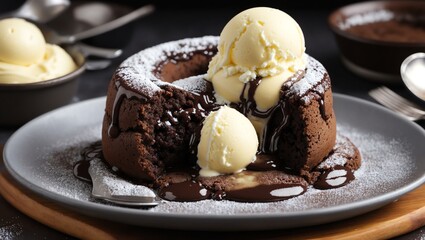 A chocolate lava cake, warm and gooey, 