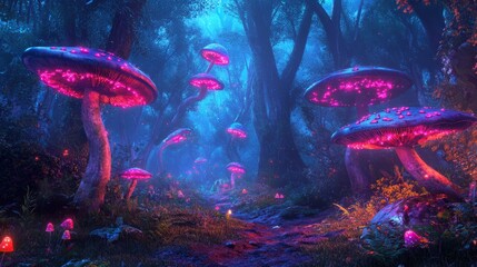 Sticker - A magical forest path illuminated by glowing mushrooms at night.