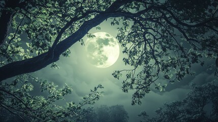 Wall Mural - Full moon illuminated through the branches of trees in a darkened forest at night