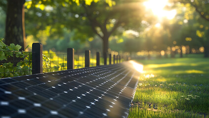 A vibrant solar panel installation in a lush green setting, illuminated by the warm glow of sunlight filtering through trees.