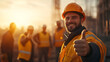 © Earny - Smiling construction worker giving thumbs up at sunset on a job site, showcasing teamwork and safety in the industry.
