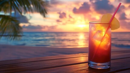 Sticker - A glass of tropical cocktail on a wooden table by the beach, sunset in the background.