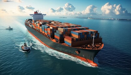 Global Trade in Motion: Aerial View of a Majestic Container Ship with Sky-High Containers Sailing Through Open Waters