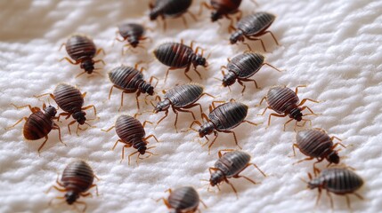 Bed bugs crawling on white linen, captured in a close-up shot, revealing the troubling signs of a household infestation