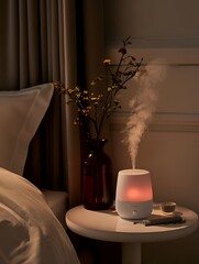 Wall Mural - A white essential oil diffuser with a warm light sits on a bedside table next to a vase of dried flowers. Steam rises from the diffuser.