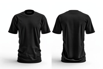 Wall Mural - Realistic Black Blank Men t-shirt with short sleeve mockup, front and back view on white background, 3d rendering