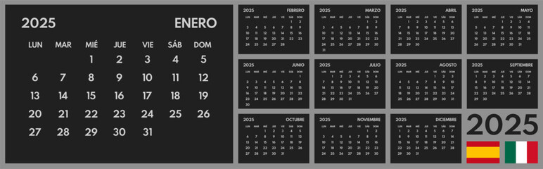 2025 year monthly office planner, calendar starts monday, two red weekends, black background, spanish months name