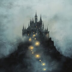 A mysterious castle perched atop a misty mountain, lit by glowing orbs.