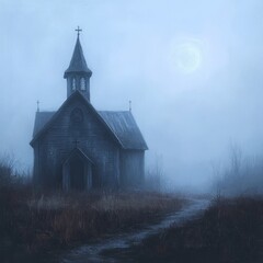 Sticker - A mysterious, old wooden church in a foggy field, lit by the moon.