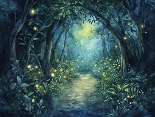 Canvas Print - A path through a dark forest lit by fireflies.