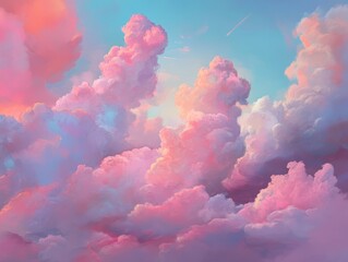 Poster - A picturesque sky filled with fluffy pastel clouds and a faint shooting star.