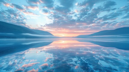 Wall Mural - Beautiful light blue clouds and mountains reflected in the water at dawn. Natural background. AI generated