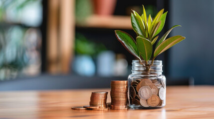 Wall Mural - A small plant growing from a jar filled with coins, symbolizing financial growth, savings, and investment potential.