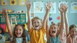 © Chandara - A group of enthusiastic elementary students with hands raised, surrounded by educational posters and classroom supplies.