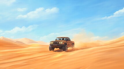 Wall Mural - A rusty pickup truck drives through a sandy desert with a clear blue sky and white clouds.