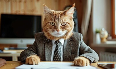 Wall Mural - Funny cat dressed as a businessman in a formal suit at desk.