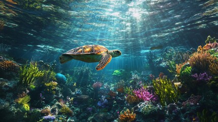 Canvas Print - A sea turtle swims through a vibrant coral reef, sunlight illuminating the scene.