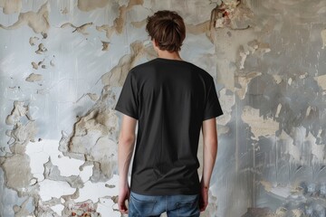 Wall Mural - Realistic Young man casual Blank black tshirt with half sleeves mockup with back and front view white wall backgroun