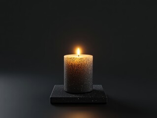 Sticker - A single burning candle with a black speckled surface sits on a black square pedestal.