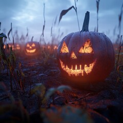 Poster - A single lit jack-o-lantern with an eerie grin stands in a field of pumpkins.