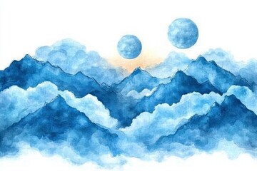 Wall Mural - Watercolor Painting of Mountains in the Clouds with Two Moons