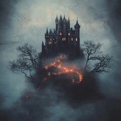 Wall Mural - A spooky castle on a misty clifftop with glowing lights.