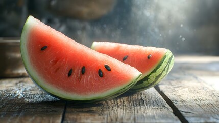 Fresh sliced watermelon on rustic wooden table, side view, vibrant pink flesh with black seeds, green rind, natural lighting, high-resolution detail, food photography, juicy fruit.