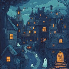 Poster - A spooky town at night with ghosts and jack-o-lanterns.